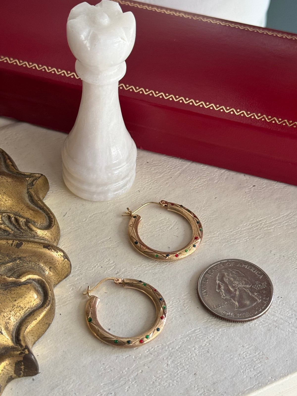 Vintage 14k Yellow Gold & Multi-Colored Enamel Hoops