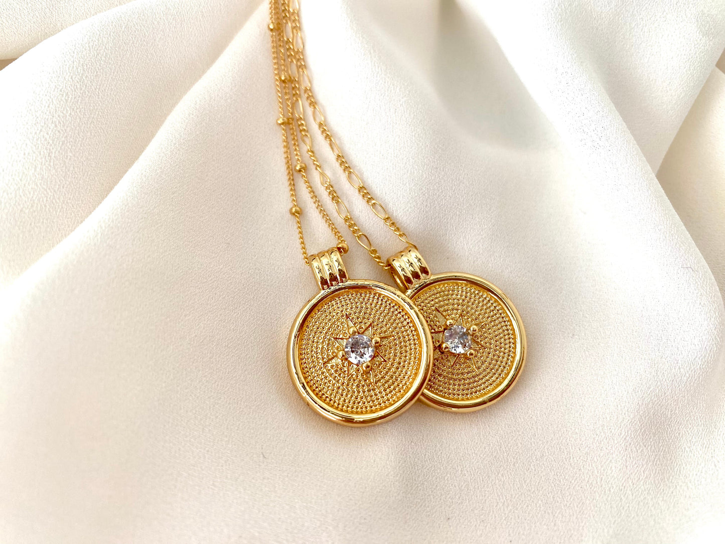 Gold Coin Necklace with CZ Crystal Charm Gold Filled Medallion Necklace Dainty Paperclip Figaro Chain Minimalist Layering Necklace Gift Idea