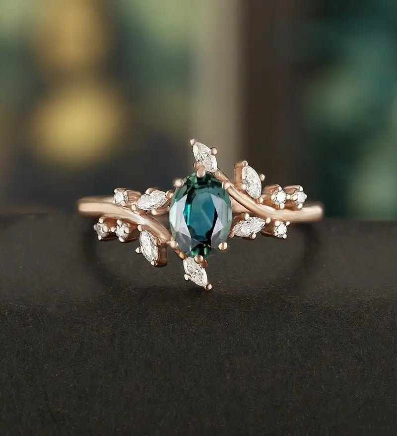 5×7MM Oval Teal Sapphire Ring Solid Gild  Engagement Ring Anniversary Bridal Ring Vintage Wedding Ring Promise Ring For Her