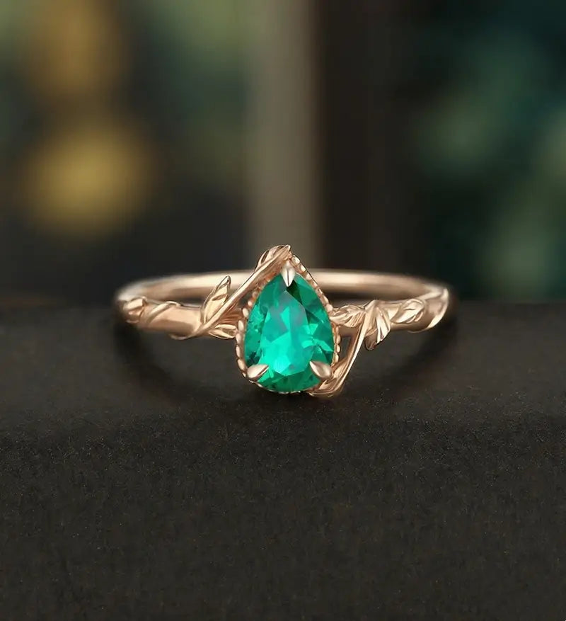 Pear Shaped Lab Emerald Engagement Ring Solid Gold  Moissanite Promise Ring Anniversary triangle Diamond Wedding Ring Vintage Ring Unique Bridal promise Ring For Her