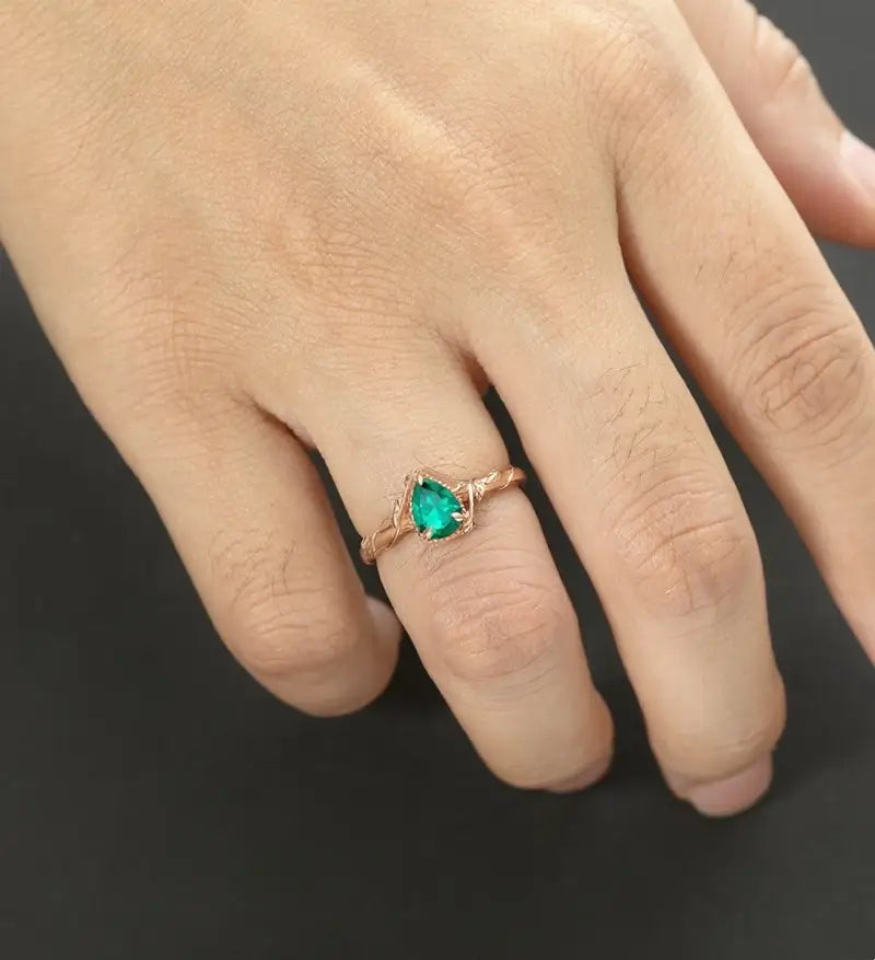 Pear Shaped Lab Emerald Engagement Ring Solid Gold  Moissanite Promise Ring Anniversary triangle Diamond Wedding Ring Vintage Ring Unique Bridal promise Ring For Her