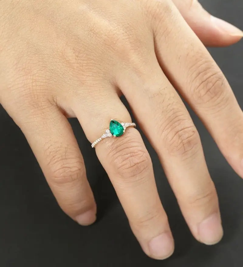 Oval Cut Lab Emerald Ring Vintage Solid Gold Engagement Ring Marquise Cut Moissanite Ring Promise Diamond Wedding Ring Half Eternity Anniversary Ring