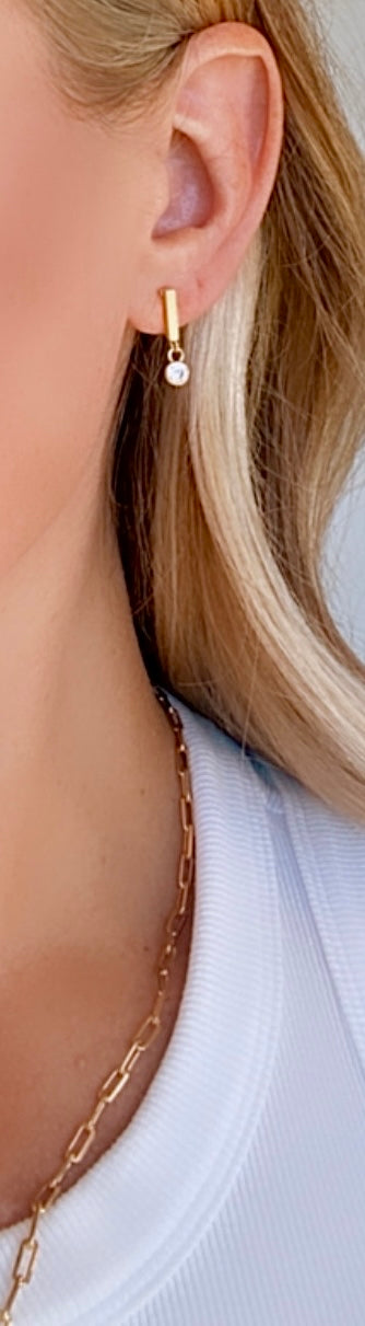 Gold Filled Bar Earrings Crystal CZ Charm Studs Clear Quartz Dangle Charm Earrings Minimalist Line Earrings with Crystal Christmas Gift