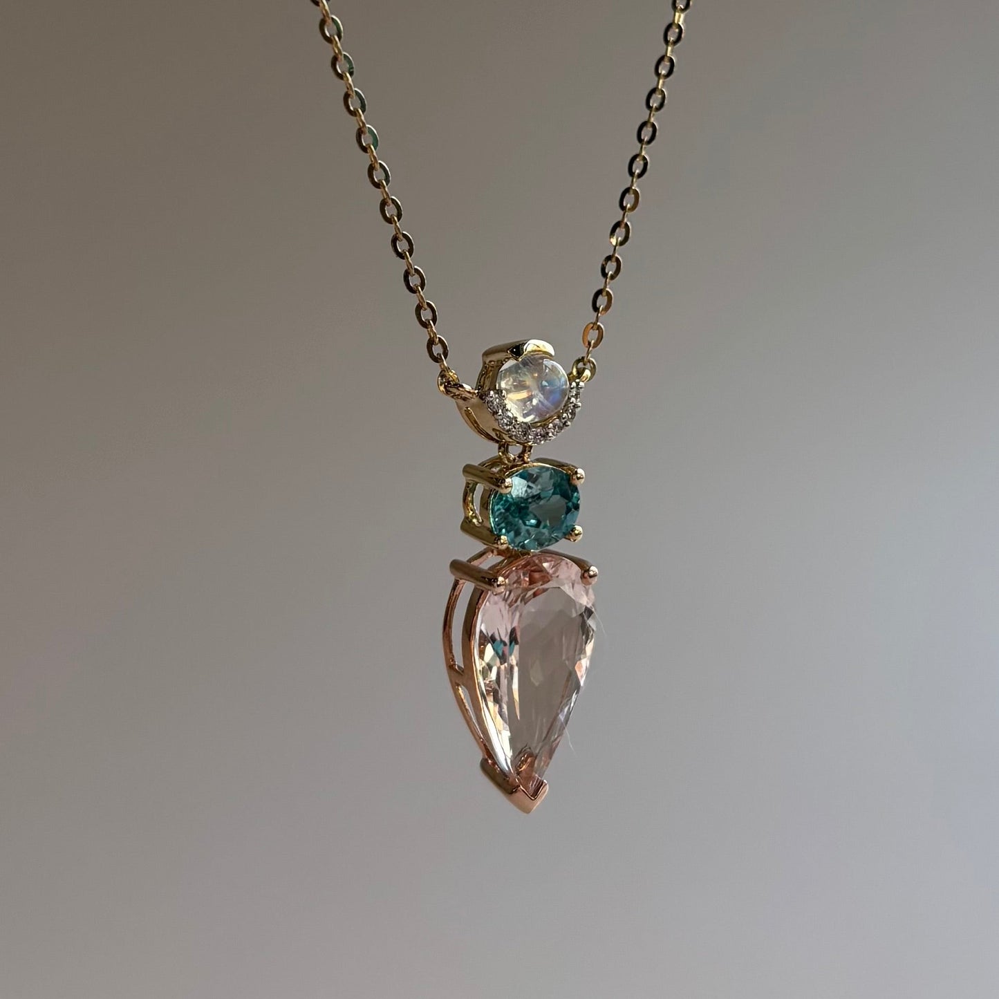 Morganite, Swiss Blue Topaz and Moonstone Necklace | 14K Yellow and  Rose Gold | 18" Chain