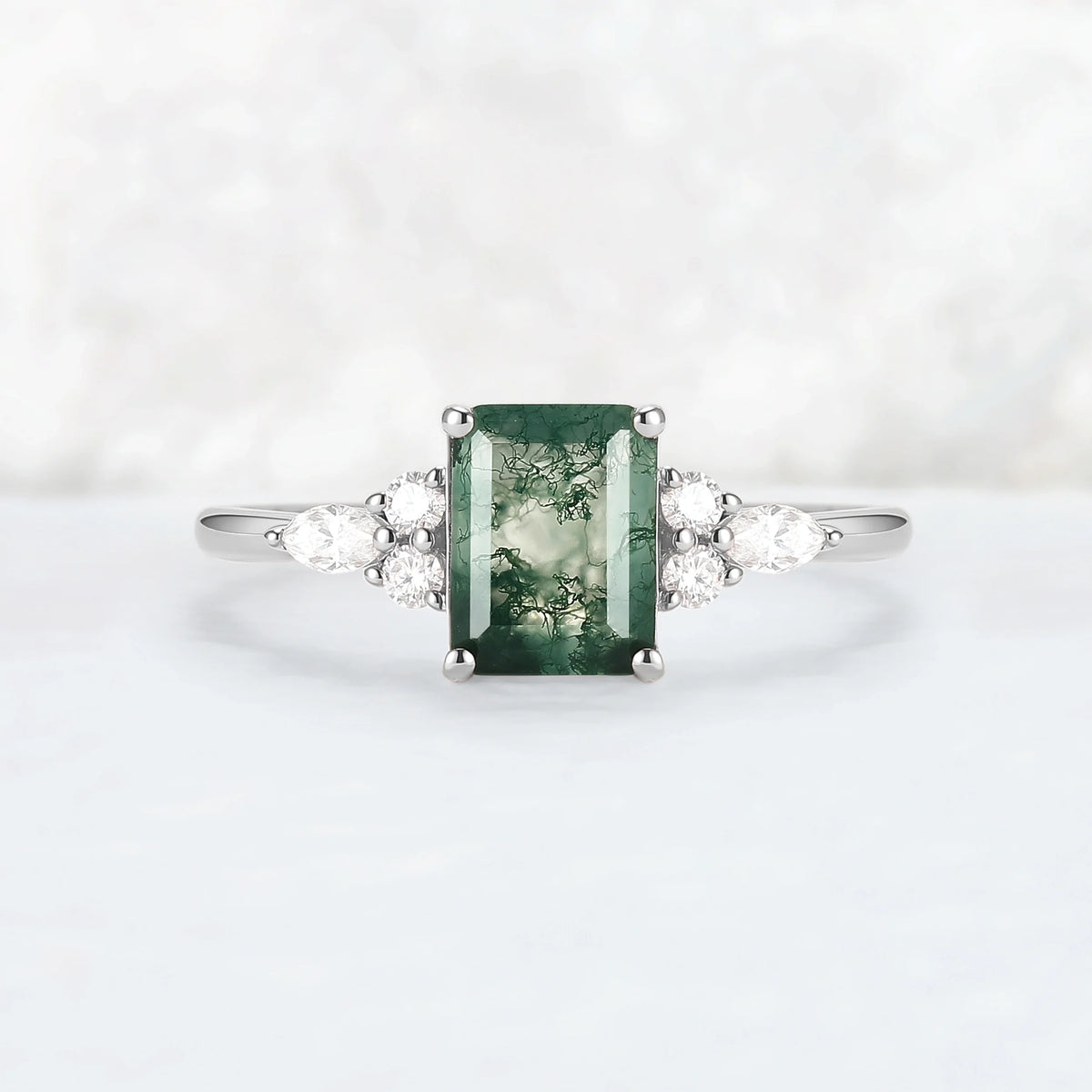 Cluster Emerald Cut Moss Agate Engagement Ring