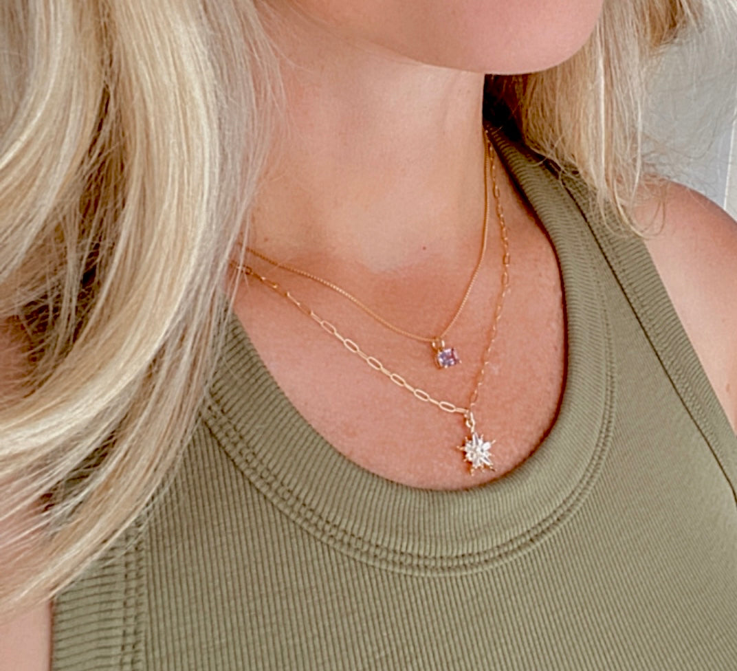 Dainty Amethyst Pendant Necklace - February Birthstone - Prong Setting - Gold Filled Chain