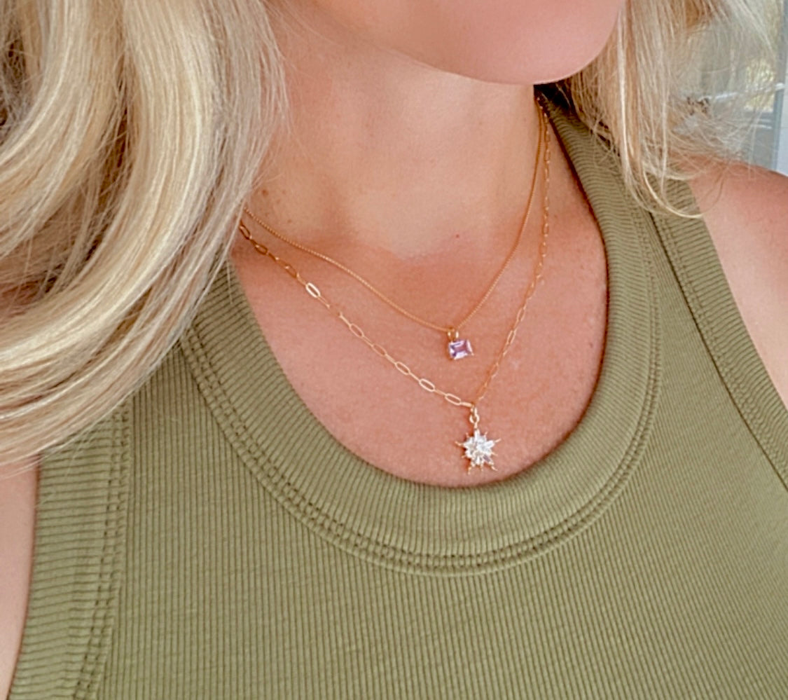 Dainty Amethyst Pendant Necklace - February Birthstone - Prong Setting - Gold Filled Chain
