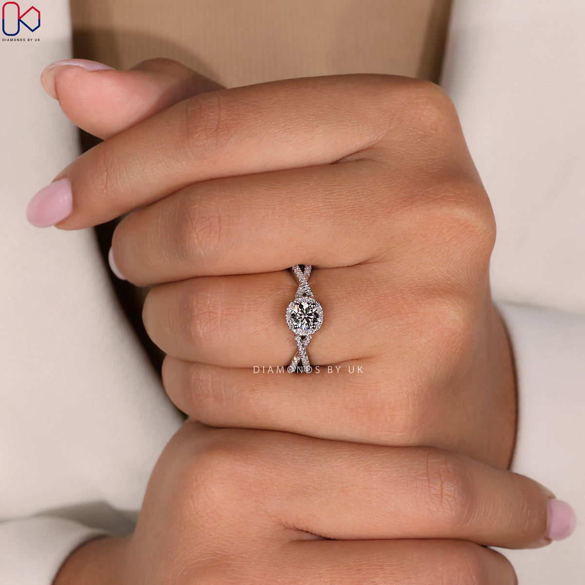 Twisted Pave Engagement Ring In Halo Style
