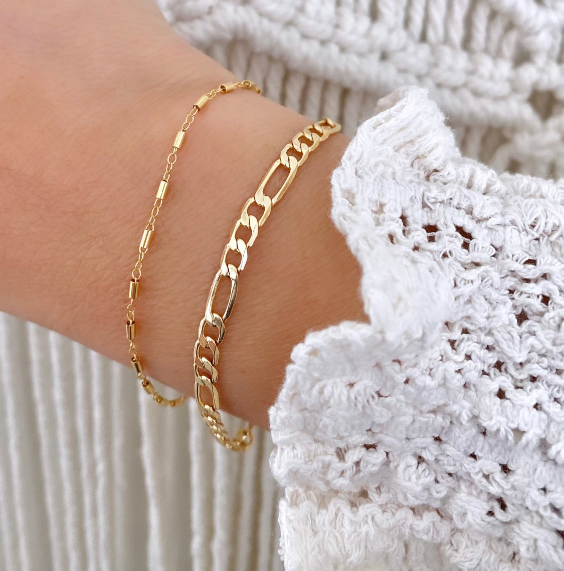 Gold Filled Stacking Bracelets Flat Figaro Chain Tube Bars Rings Sequins Chain - Minimalist Jewelry