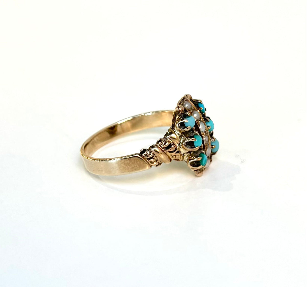 Turquoise and Pearl Ring | 10K Yellow Gold | Vintage
