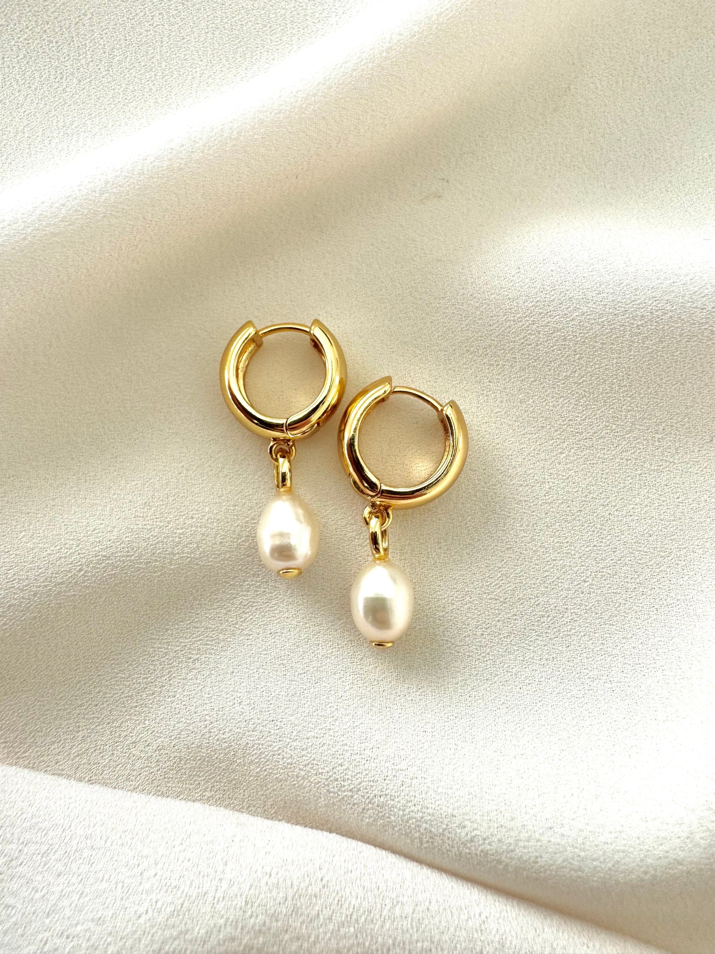 Chunky Gold Filled Hoop Huggies with Pearl Dangle Drops - June Birthstone