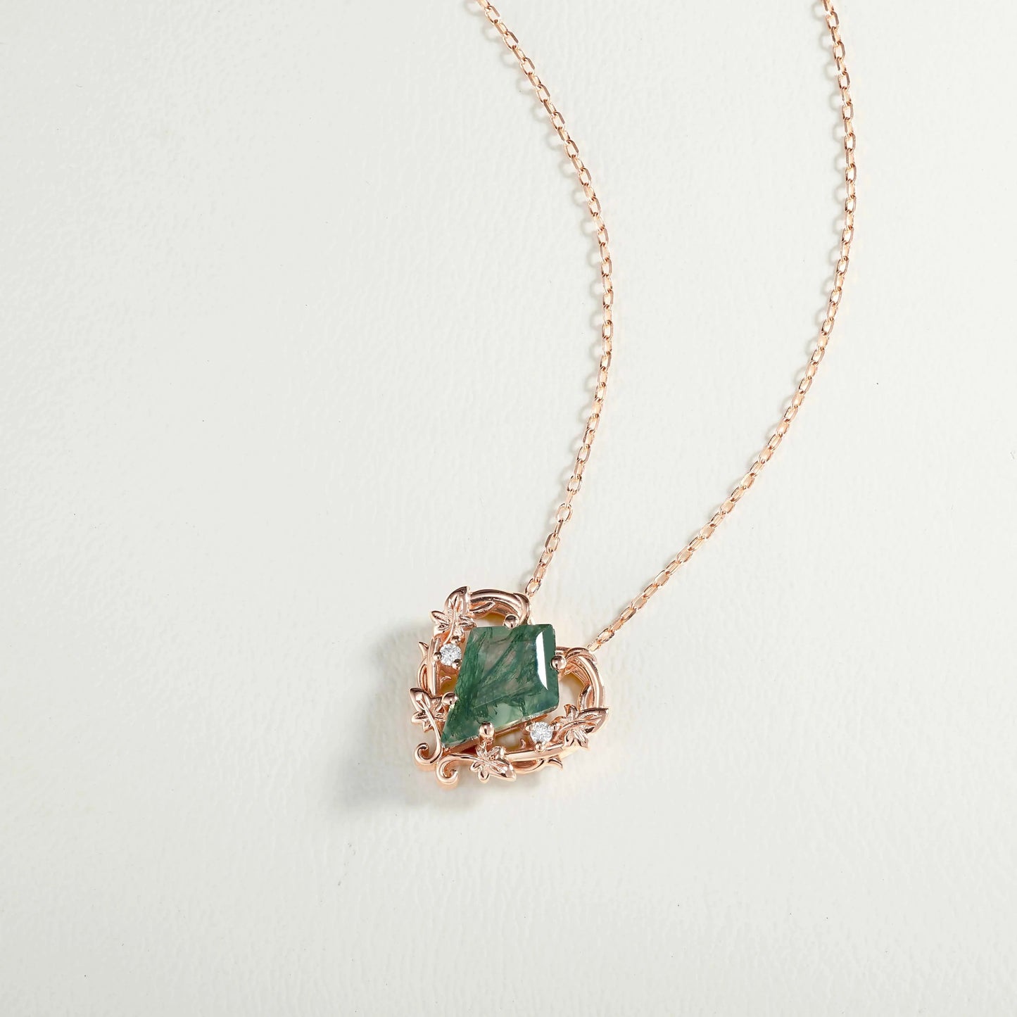 Nature Inspired Ivy Vine Moss Agate Heart Pendant Necklace