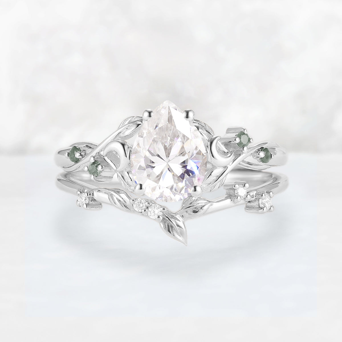 Nature Inspired Pear Cut Moissanite Moon Gemstone Ring Set 2pcs