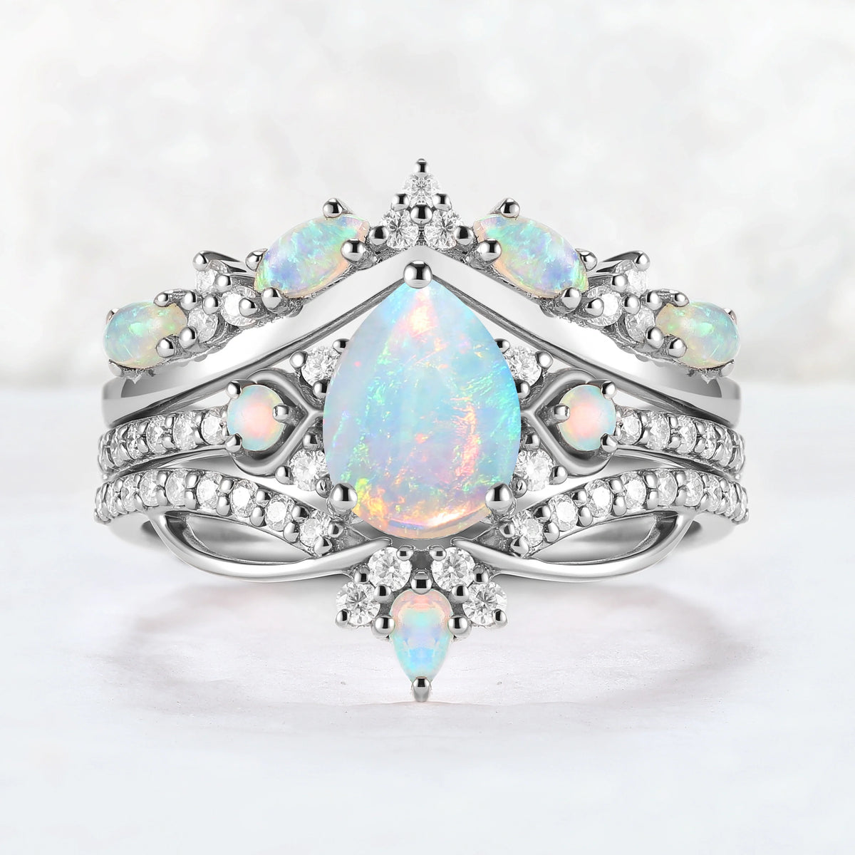 Nature Inspired Pear Shaped Natural Opal Gemstone Ring Set 3pcs