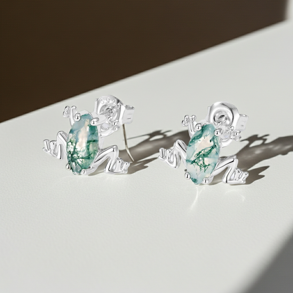 Pondgem - Marquise Cut Moss Agate Frog Unique Stud Earrings