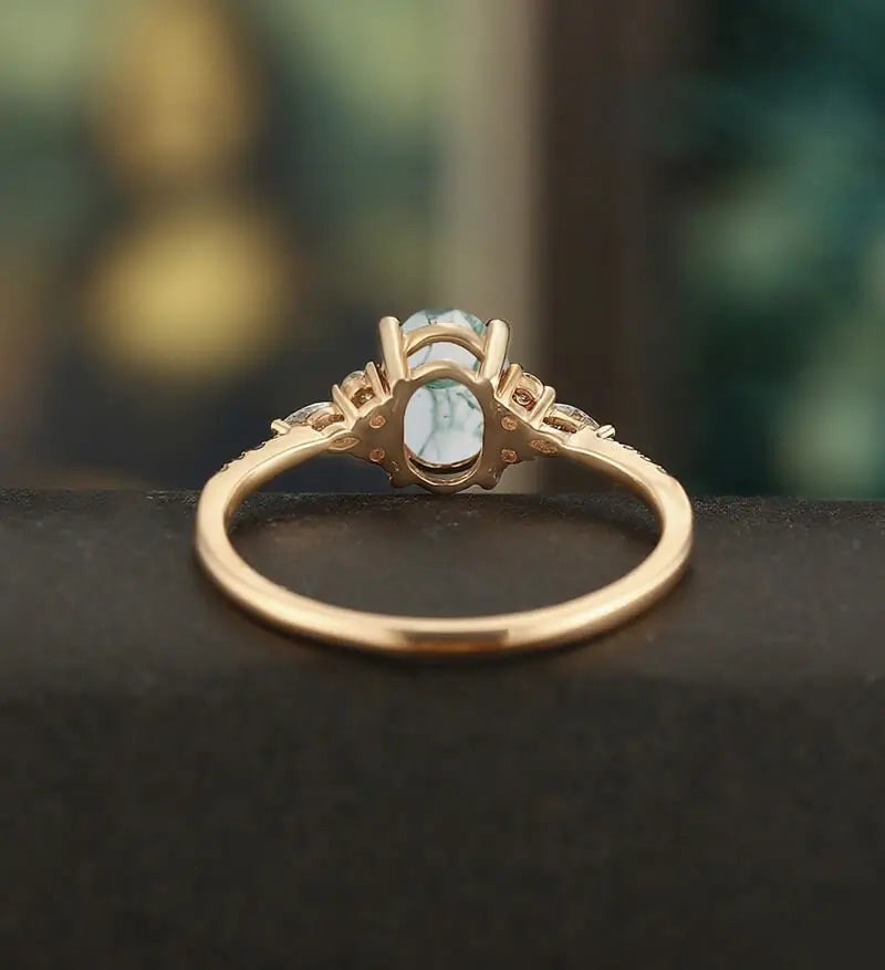 Oval Cut Moss Agate Ring Engagement Ring Rose Gold Marquise Cut Moissanite Anniversary Ring Half Eternity Diamond Wedding Ring Promise Ring Gift for Her