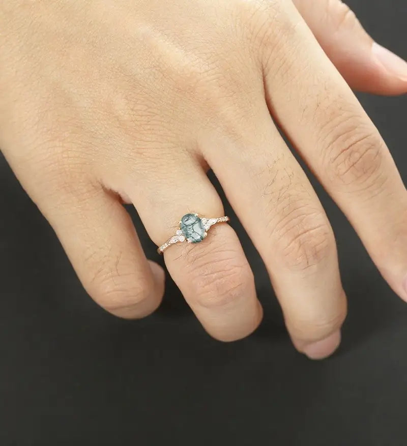 Oval Cut Moss Agate Ring Engagement Ring Rose Gold Marquise Cut Moissanite Anniversary Ring Half Eternity Diamond Wedding Ring Promise Ring Gift for Her