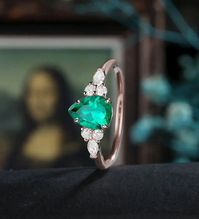 Pear Shaped Lab Emerald Engagement Ring White Gold Marquise Cut Moissanite Ring Unique Prong Set Diamond Wedding Ring Promise Anniversary Bridal Ring