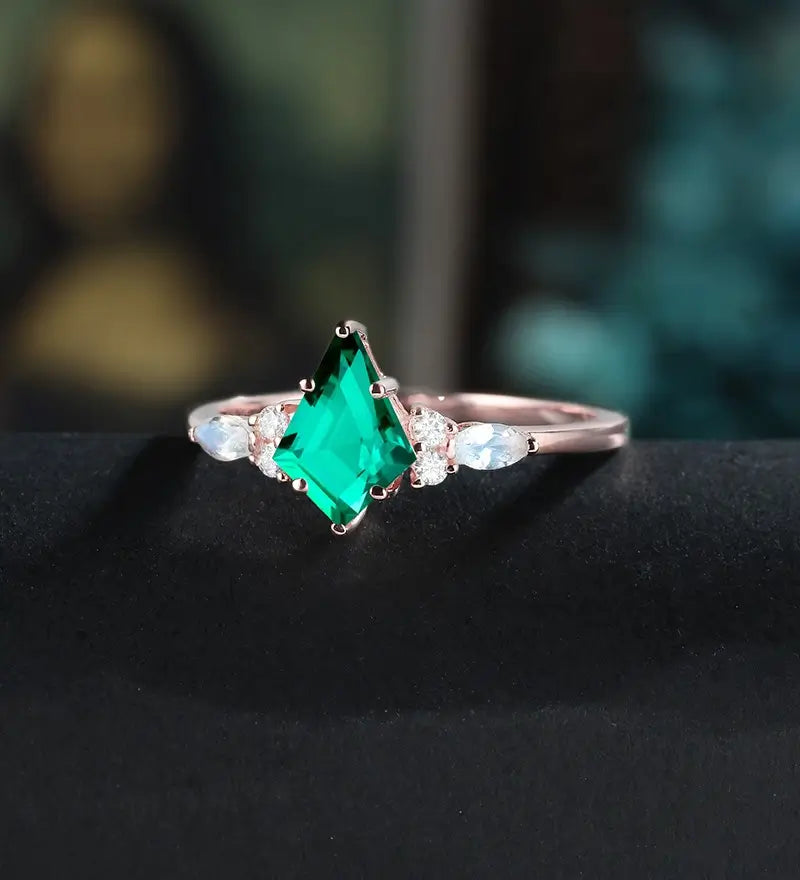 Kite Cut Lab Emerald Engagement Ring Monstone Solid Gold Promise Ring Anniversary Diamond Wedding Ring Solid Gold Vintage Ring Unique Bridal promise Ring For Women