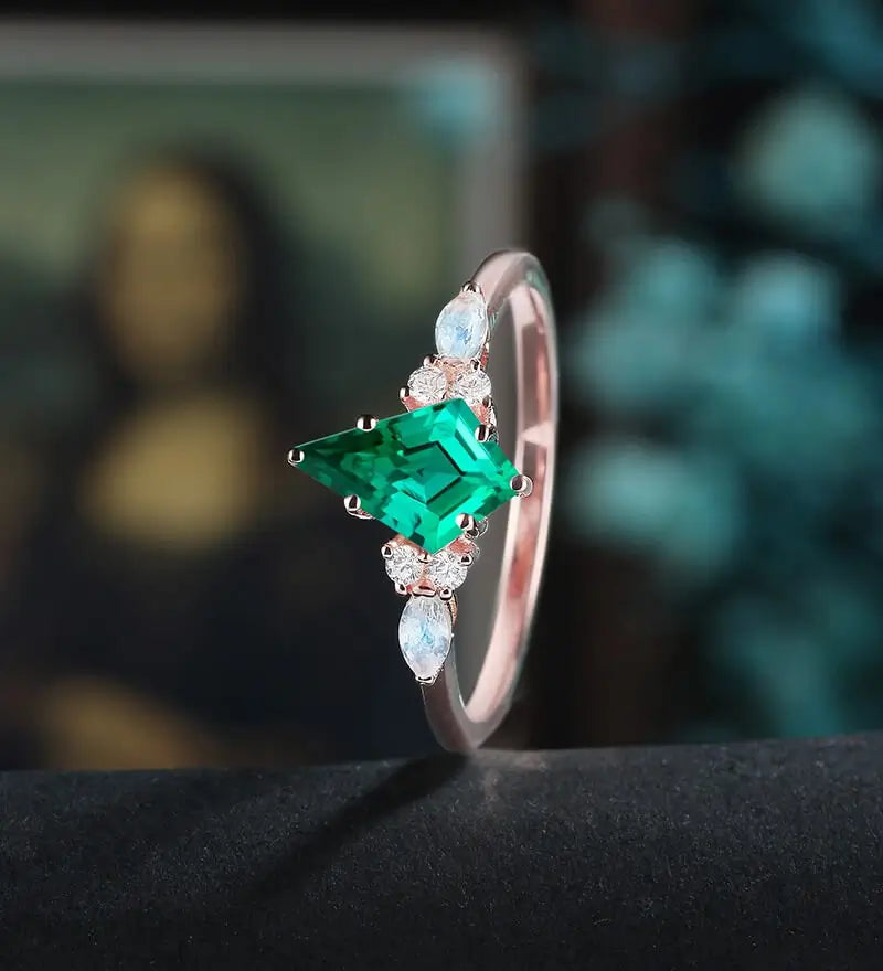 Kite Cut Lab Emerald Engagement Ring Monstone Solid Gold Promise Ring Anniversary Diamond Wedding Ring Solid Gold Vintage Ring Unique Bridal promise Ring For Women