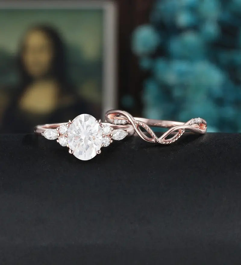 Oval Cut Moissanite Bridal Set Engagement Ring Set Vintage Bridal Set Anniversary Diamond Wedding Ring Solid Gold Promise Ring For Women