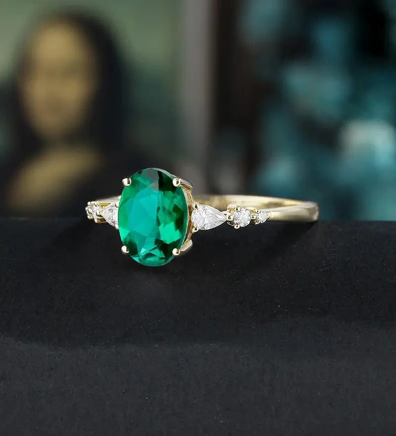 Oval Lab Emerald Engagement Ring Solid Gold Promise Ring Anniversary Diamond Wedding Ring Vintage Ring Unique Bridal promise Ring For Her