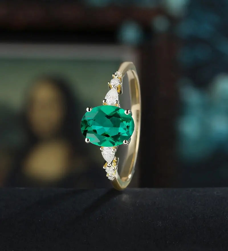 Oval Lab Emerald Engagement Ring Solid Gold Promise Ring Anniversary Diamond Wedding Ring Vintage Ring Unique Bridal promise Ring For Her