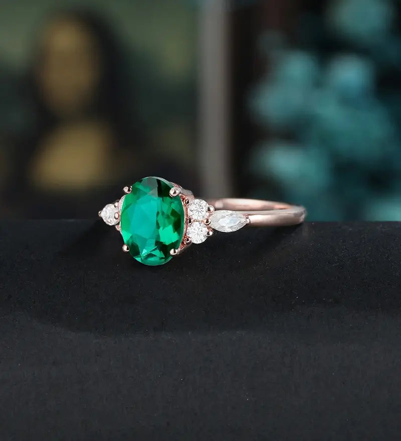14K/18K Solid Gold Emerald Engagement Ring Oval Lab Emerald Promise Ring Anniversary Moissanite Diamond Wedding Ring Vintage Bridal Ring For Her
