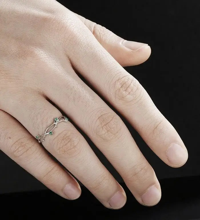 Solid Gold Emerald Wedding Bnad Nature Inspired Leaf Ring 14K/18K Gold Anniversary Matching Band Vintage Bridal Ring For Her