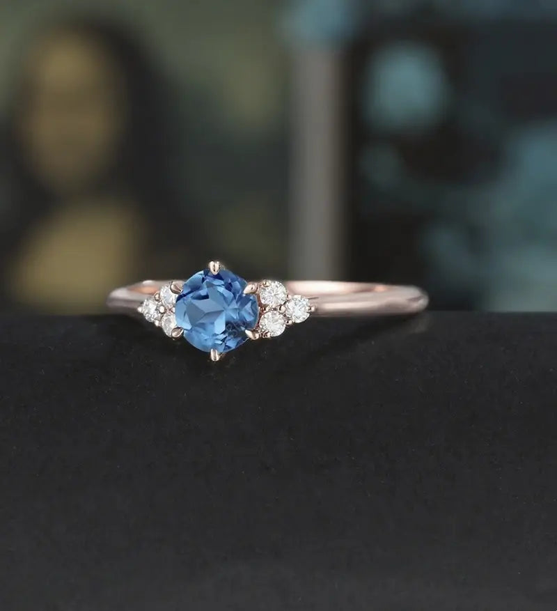 5mm Round Cut London Blue Topaz Engagement Ring Unique Rose Gold Wedding Ring Vintage Prong Set Diamond Ring Promise Anniversary Bridal Ring for Her