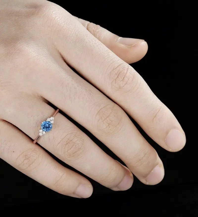 5mm Round Cut London Blue Topaz Engagement Ring Unique Rose Gold Wedding Ring Vintage Prong Set Diamond Ring Promise Anniversary Bridal Ring for Her