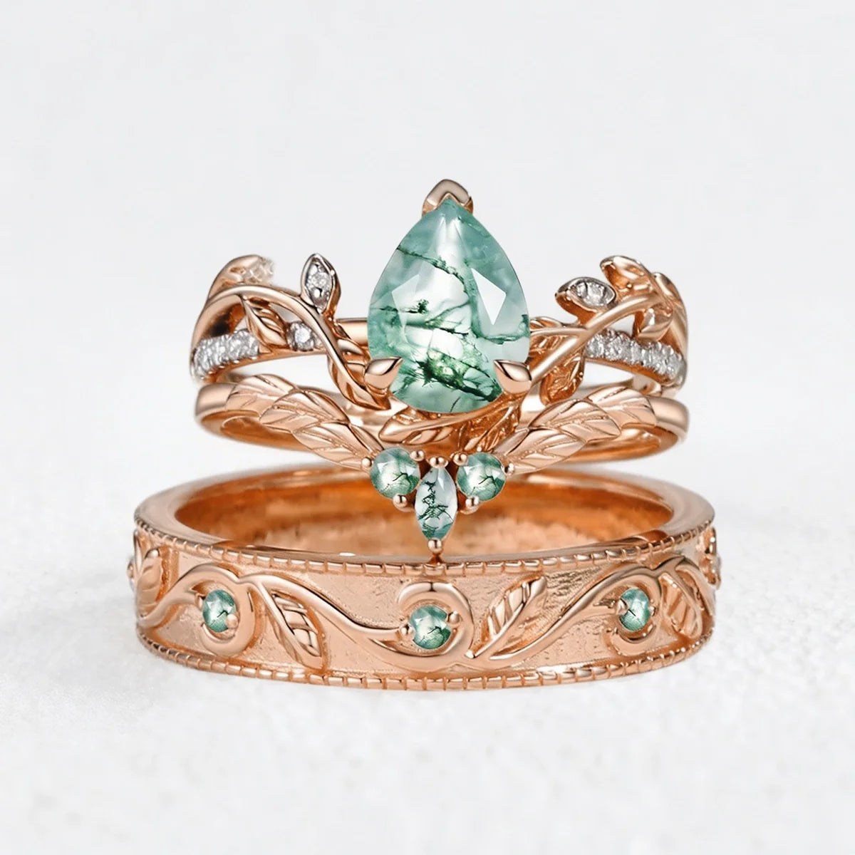 Marguerite’s Garland | Pear Cut Moss Agate Couple’s Ring Set 3pcs