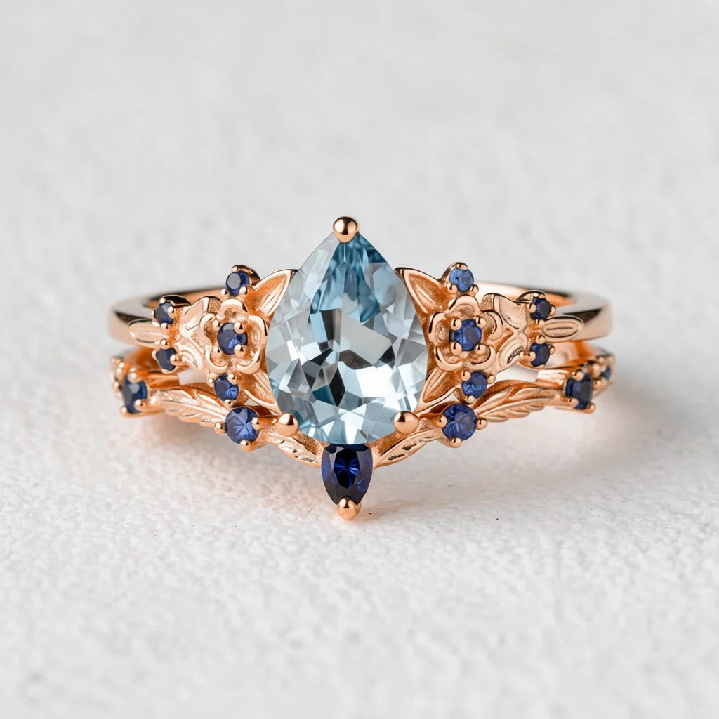 Isolde’s Tide | Vintage Pear Aquamarine & Sapphire Floral Bridal Set 2pcs