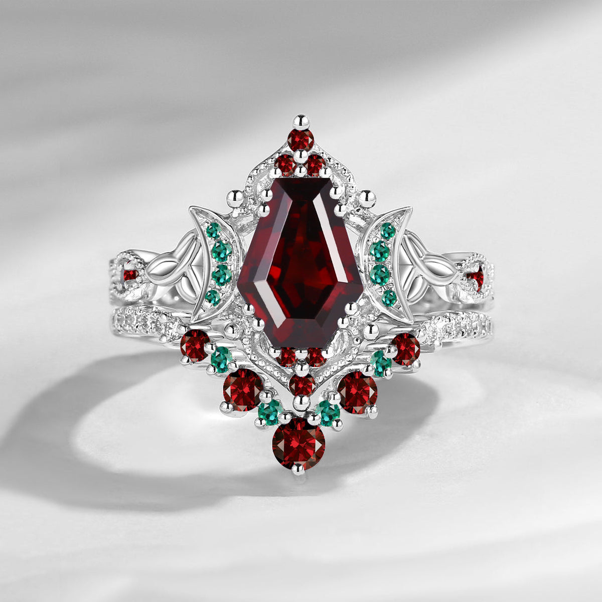 Crescent Moon | Unique Coffin Cut Garnet Celtic Moon Engagement Ring Set 2pcs