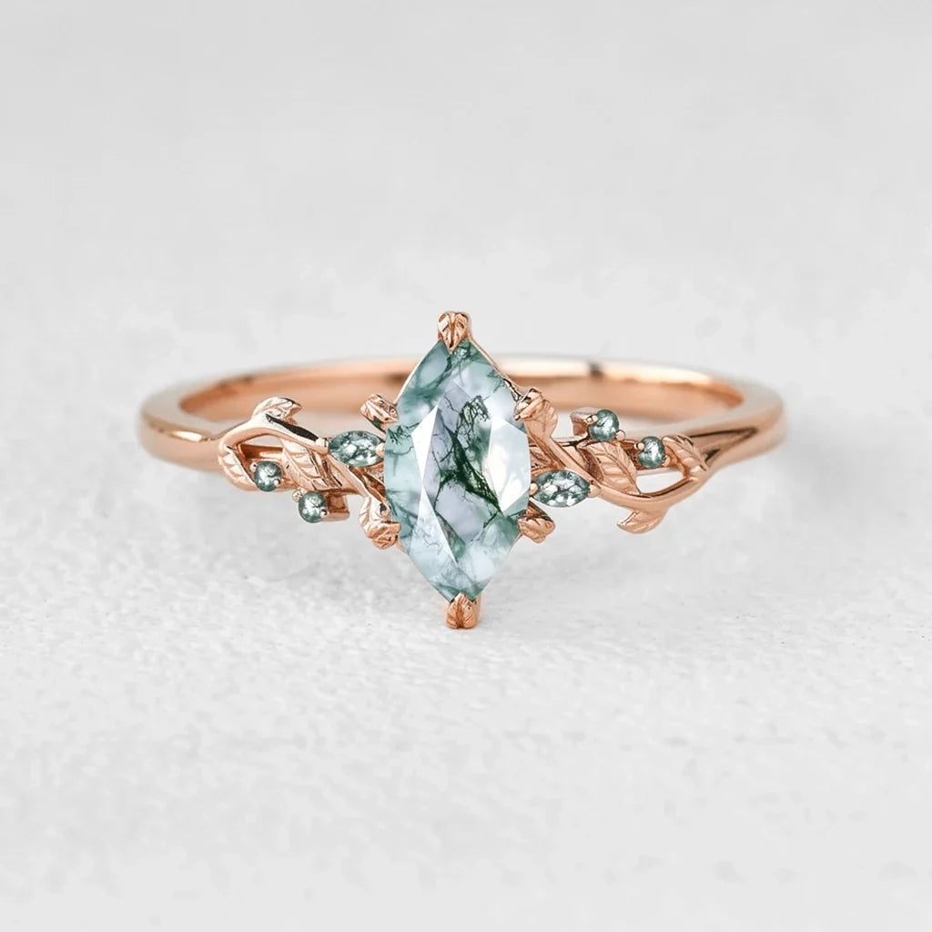 Celandine’s Twine | Marquise Moss Agate Leafy Twist Engagement Ring