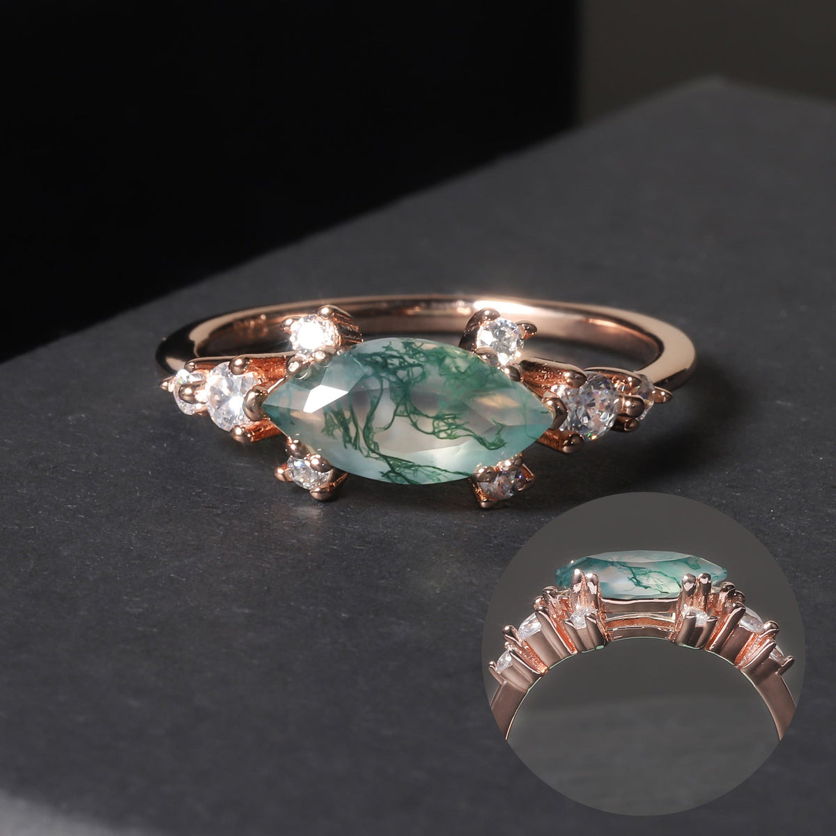 1.5ct Marquise Cut Moss Agate Cluster Vintage Ring