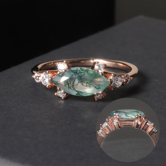 1.5ct Marquise Cut Moss Agate Cluster Vintage Ring
