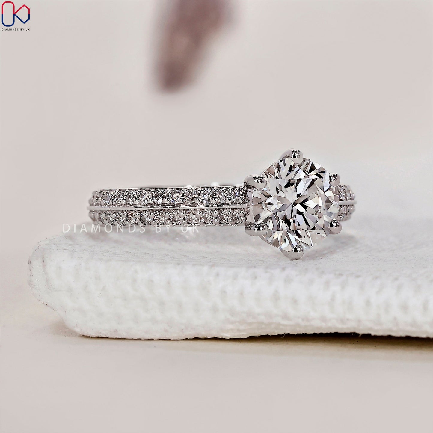 Round Cut Diamond Ring - Two Row Pave
