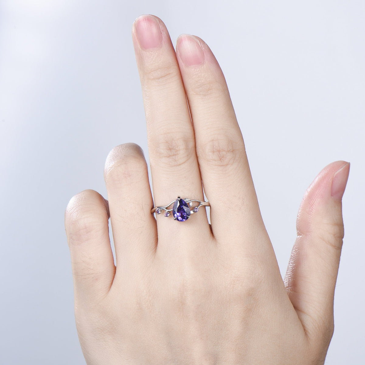 Vintage Pear Shaped Purple Sapphire Engagement Ring, Nature Inspired Leaf Twig Gold Ring, Accent Amethyst Split Shank Anniversary Ring