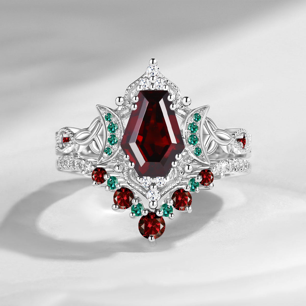 Celtic Moon - Vintage Celtic Knot Coffin Garnet Engagement Ring Set