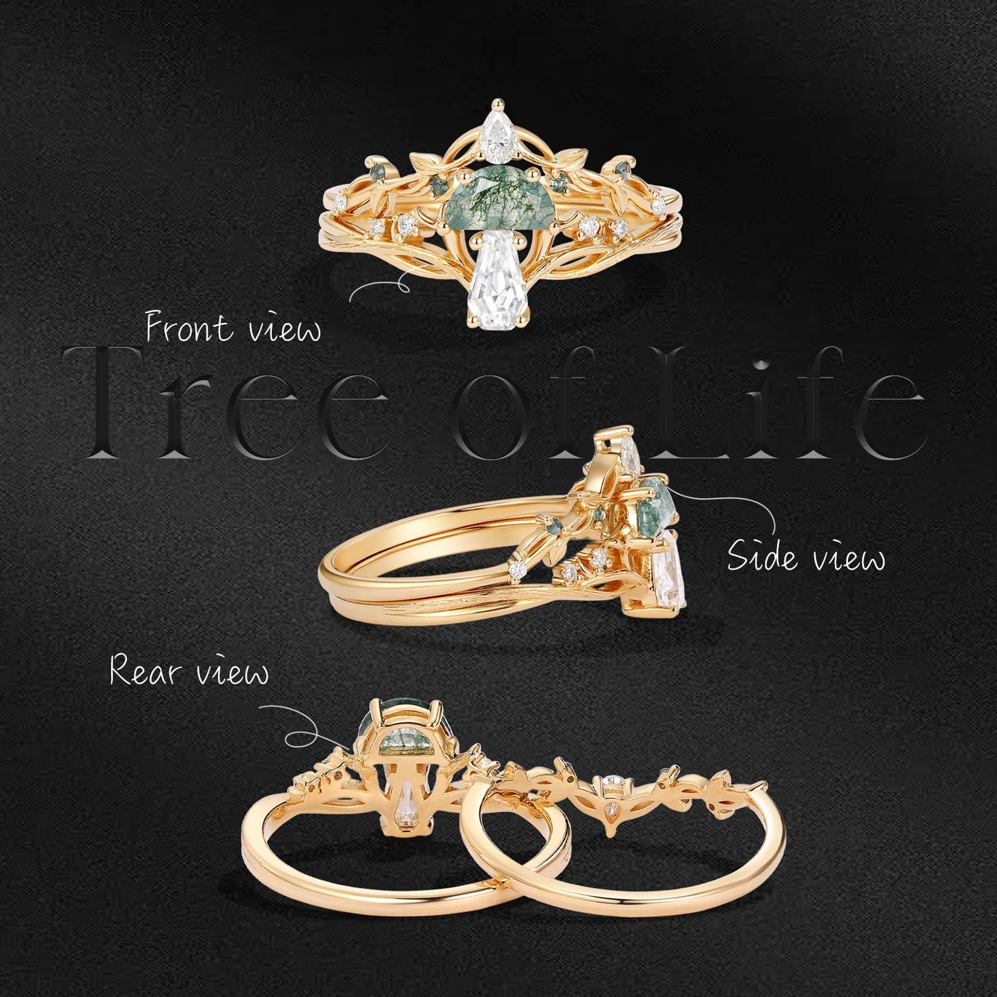 Tree of Life - Nature Inspired Half Moon Moss Agate & Coffin Moissanite Mushroom Engagement Ring Set wit Twisted Branch Band