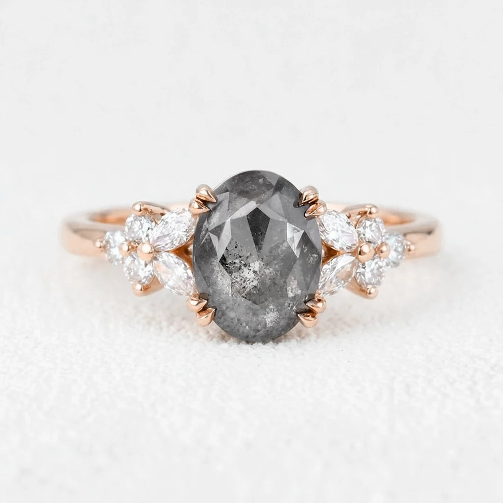 Isadora’s Bloom | 1CT Vintage Oval Salt & Pepper Diamond Cluster Engagement Ring
