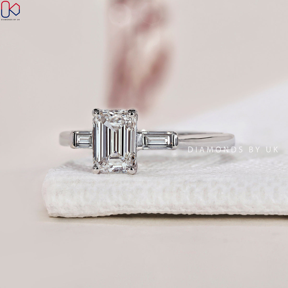 3 Stone Diamond Ring - Emerald and Baguette Cut