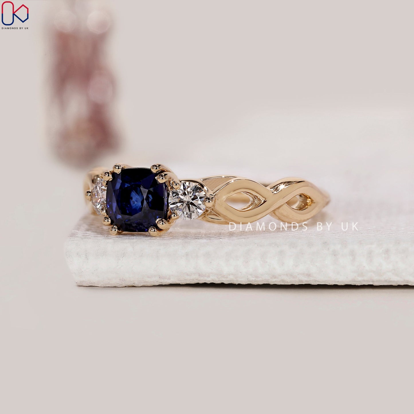 Yellow Gold Cushion Cut Blue Sapphire Engagement Ring