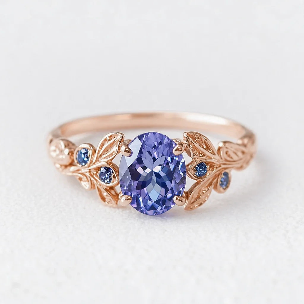 Aria‘s Glade | 1.5CT Oval Cut Tanzanite & Blue Sapphire Leaf Engagement Ring
