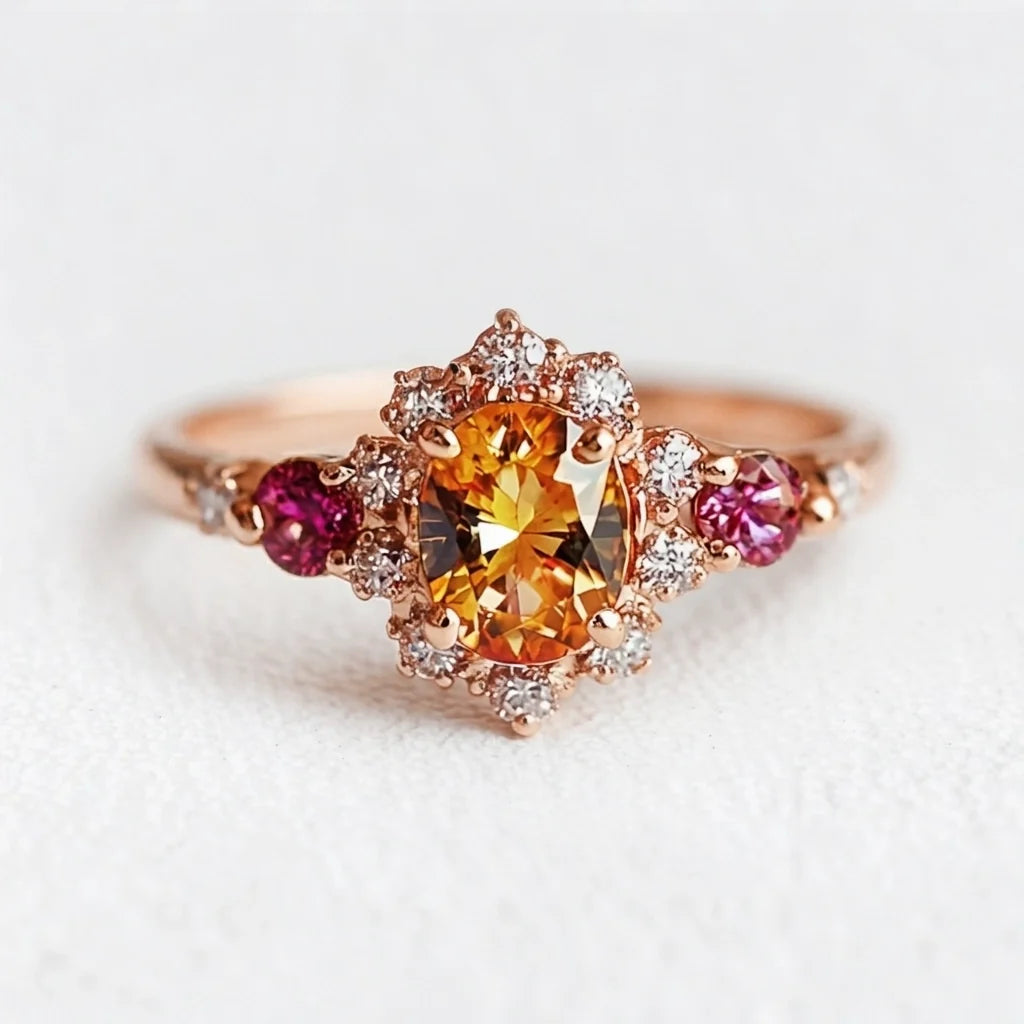 Flora's Wreath | Oval Mandarin Garnet & Multi‑Stone Halo Engagement Ring
