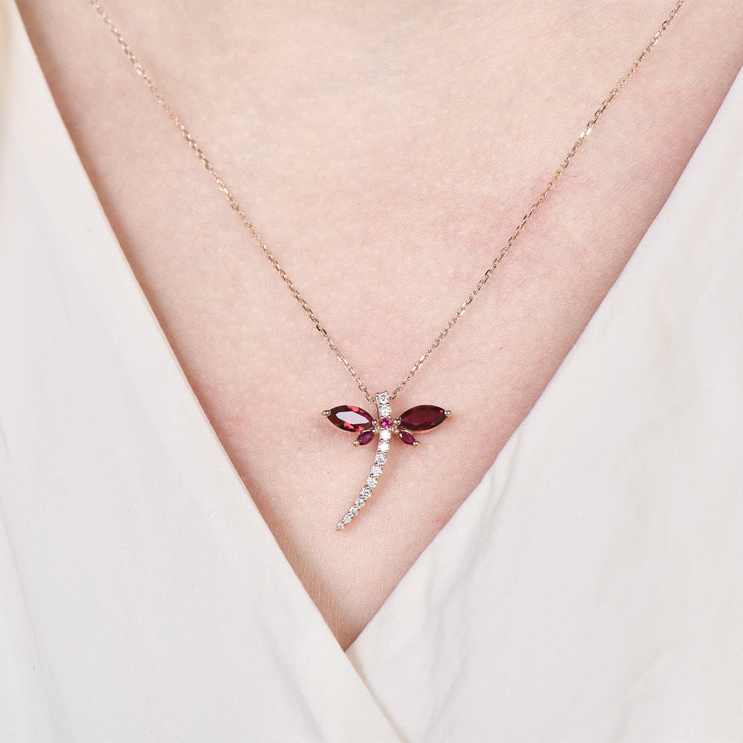Vintage dragonfly necklace Unique lab red ruby necklace pendant cute silver 14k rose gold July birthstone pendant handmade proposal gifts