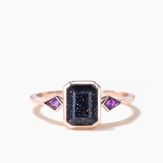 Emerald Cut Blue Sandstone Bezel Setting Engagement Ring Amethyst Three Stone Ring
