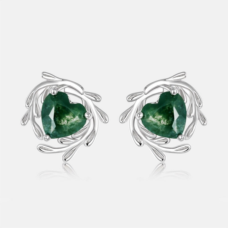 7mm Heart Shaped Moss Agate Engagement Earrings Leaf Flower Nature Inspired Jewelry