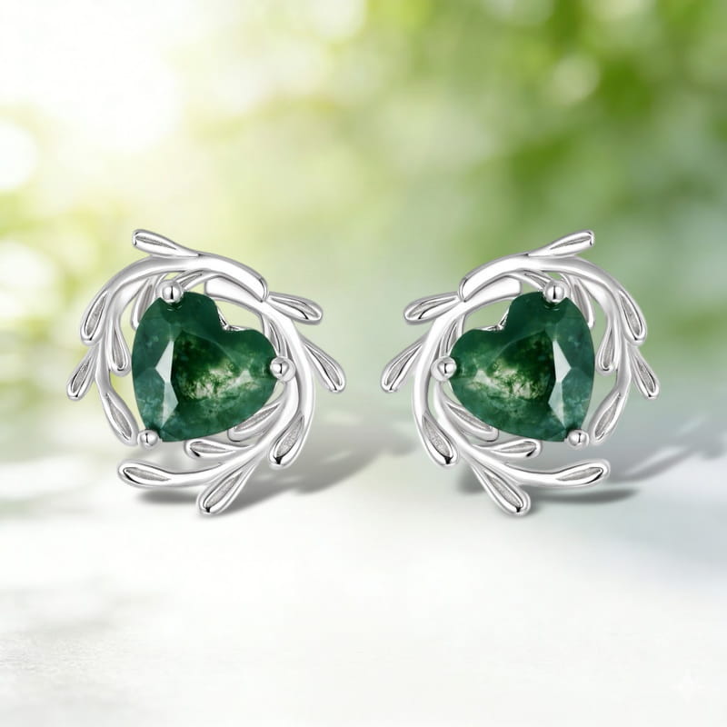 7mm Heart Shaped Moss Agate Engagement Earrings Leaf Flower Nature Inspired Jewelry